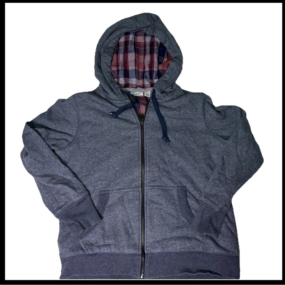 LL Bean Women Full Zip Sweatshirt Hoodie Navy Blue Size Small Plaid Red Design